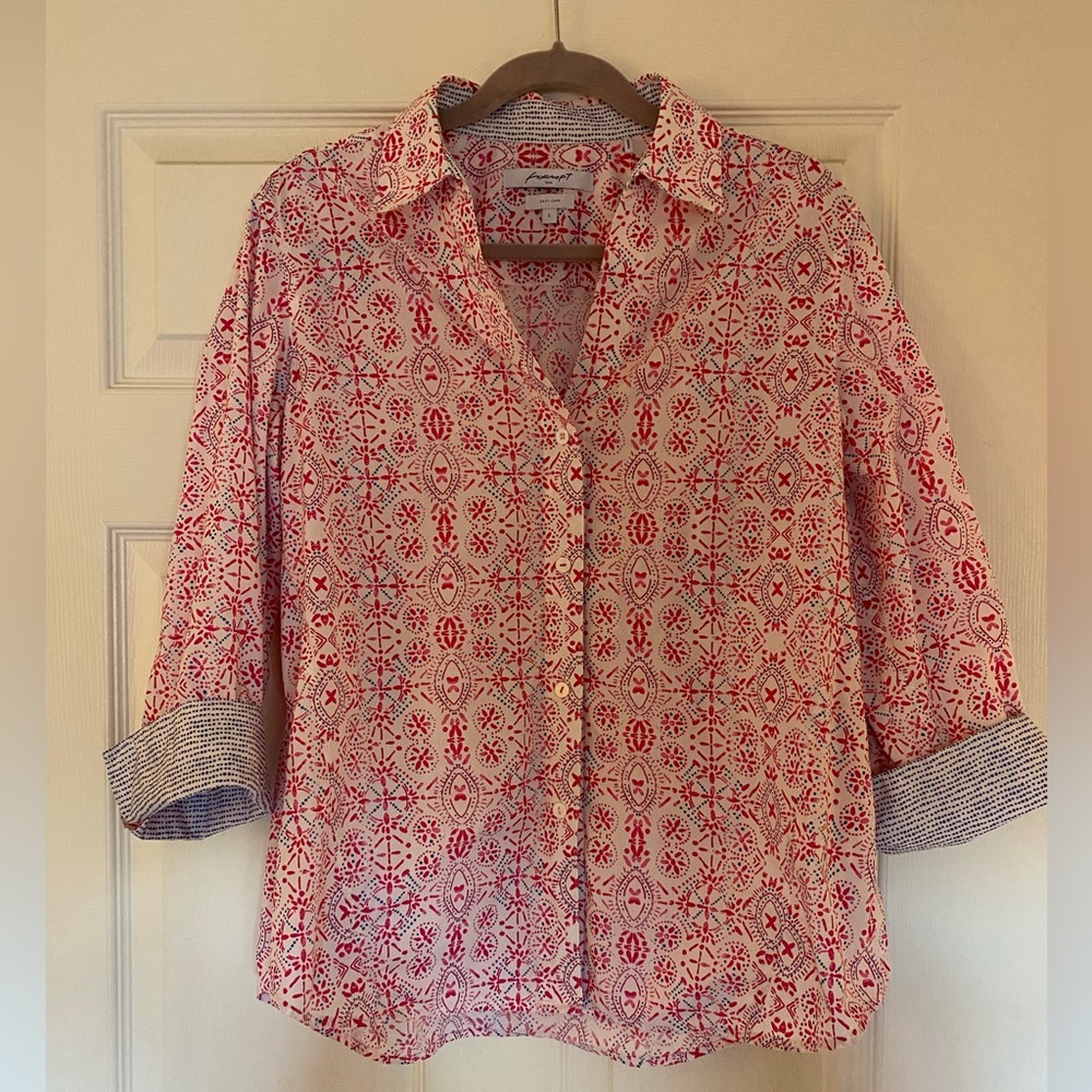 Foxcroft NYC Pink Blue White Geometoric Tile Print 3/4 Sleeve Button Down -Sz L